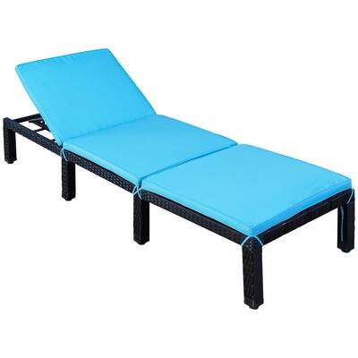 Adjustable Patio Furniture Outdoor PE Rattan Wicker Chaise Lounge Chair Sunbed with Blue Cushion