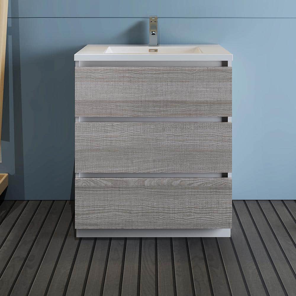 Ash Gray Solid Wood Freestanding Vanity with Acrylic Sink