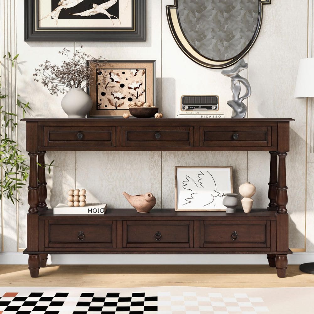 Noble House Hendrick Vintage 54 in. Espresso Rectangle Wood Console ...