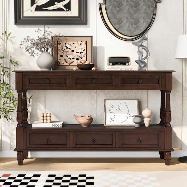Hendrick Vintage 54 in. Espresso Rectangle Wood Console Table with 6 Drawers and Shelf