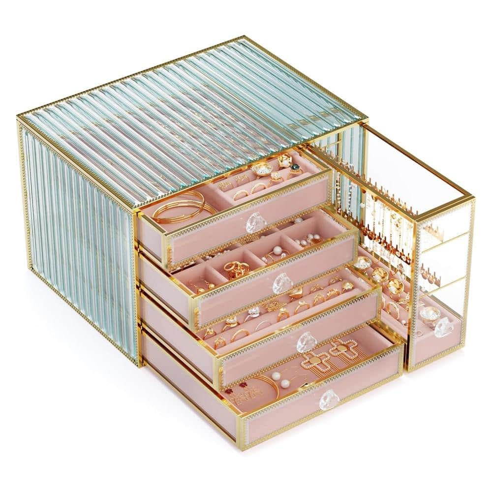 Pink Tempered Glass 5-Drawer Jewelry Organizer Box with Velvet Lining
