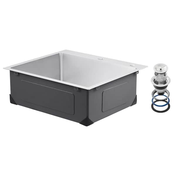 25 in. Kitchen Sink Workstation, 304 Stainless Steel Top Mount, Drop-In Single Bowl Farmhouse Basin with Accessories