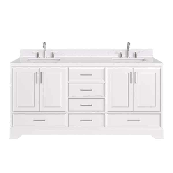 Stafford 72 in. W x 22 in. D x 36 in. H Double Sink Freestanding Bath Vanity in White with Carrara White Quartz Top