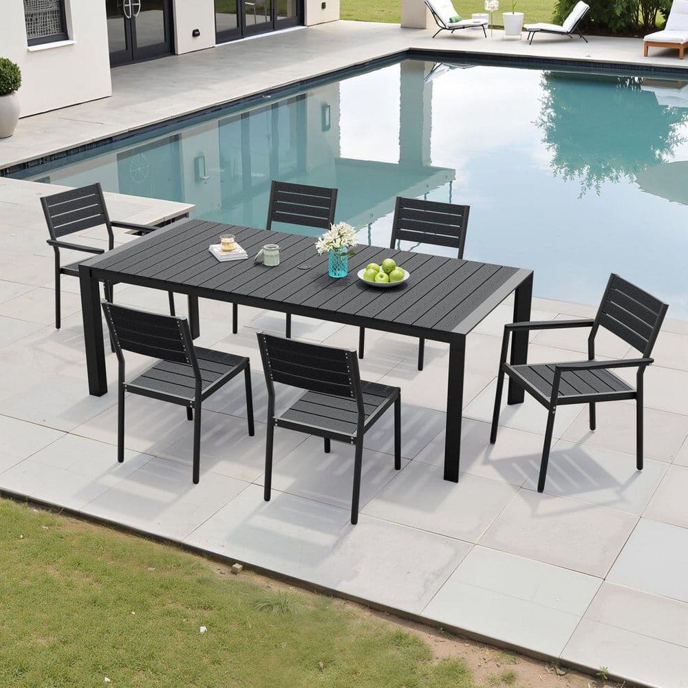 Black 7-Piece Aluminum Rectangular 71.42 in. Table Outdoor Dining Set and Stackable Chairs price history on PriceWatchPro