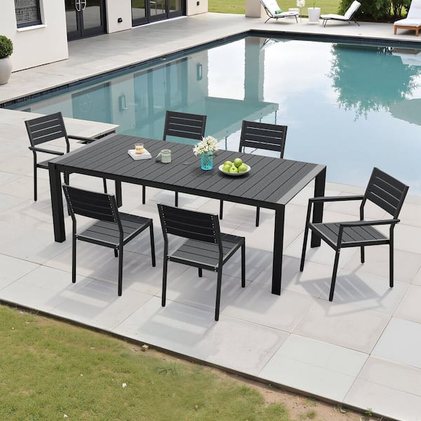 Black 7-Piece Aluminum Rectangular 83.86 in. Table Outdoor Dining Set and Stackable Chairs