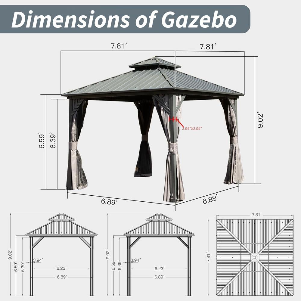 Gray Aluminum 8x8 Hardtop Gazebo with Steel Roof and Curtains