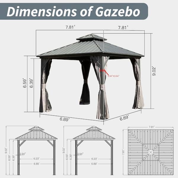 Grey Aluminum 8 ft. x 8 ft. Hardtop Gazebo with Galvanized