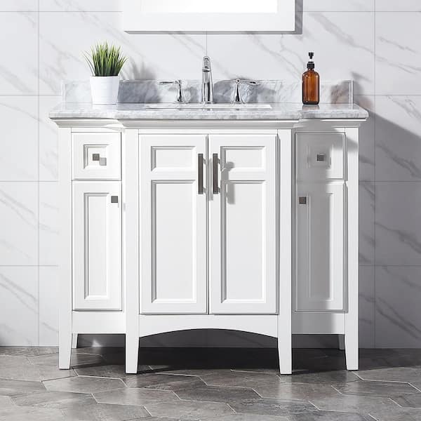 Home Decorators Collection Sassy 42 in. W x 22 in. D x 34 in. H Single Sink Bath Vanity in White with Carrara Marble Top