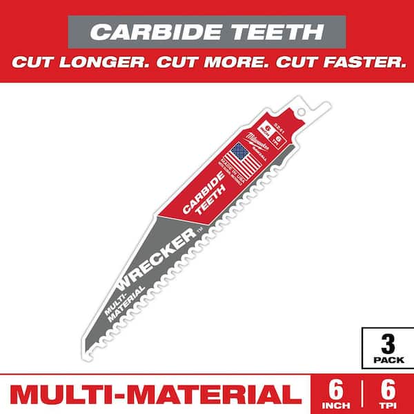 Milwaukee 6 in. 6 TPI WRECKER Carbide Teeth Multi-Material Cutting SAWZALL Reciprocating Saw Blades (3-Pack)