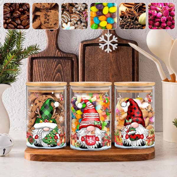 Christmas 3-Piece Borosilicate Glass Storage Jars Set with Airtight Bamboo Lids, Gnome Patterns, for Kitchen Cookie Jars