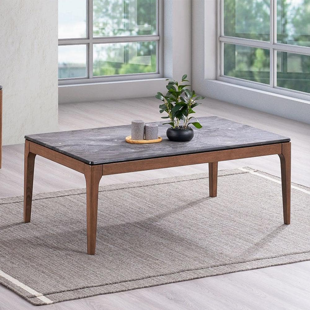 Bevis 47'' Dark Gray Engineered Stone and Walnut Coffee Table