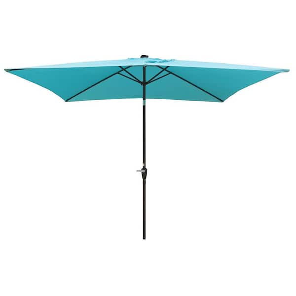 BANSA ROSE CoolSum 10 x 6.5 ft. Steel Push-Up Solar LED Lighted Patio Umbrella in Turquoise with Crank and Tilt, UV-Resistant