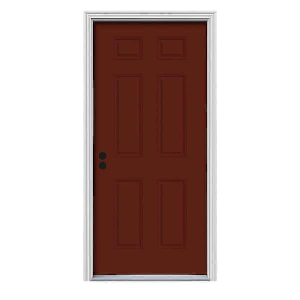 JELD-WEN 36 in. x 80 in. 6-Panel Mesa Red Painted Steel Prehung Right-Hand Inswing Front Door w/Brickmould