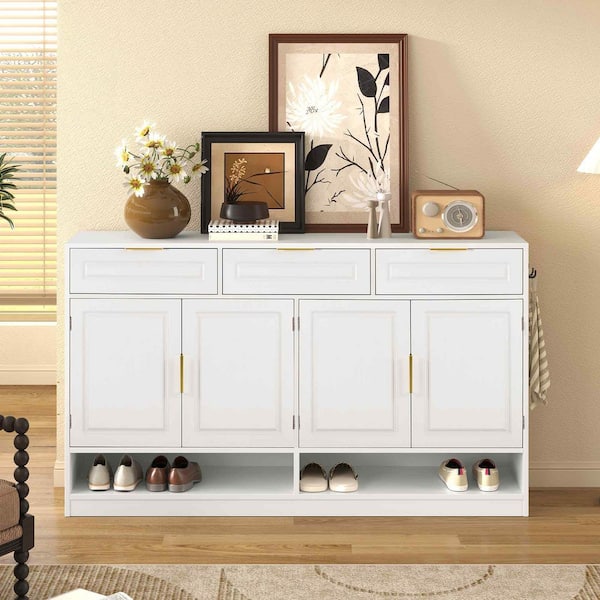 White MDF Wood Buffet with 3 Drawers Adjustable Shelf and Open Storage Compartments