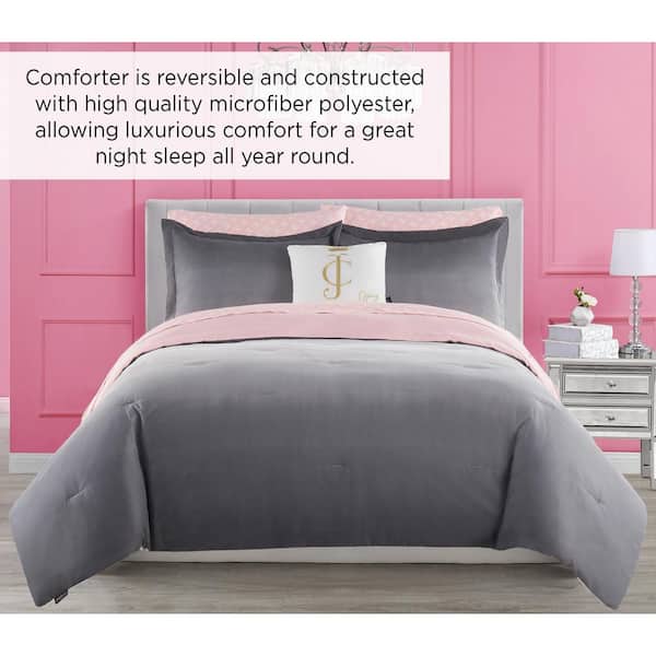 JUICY COUTURE Ombre 6-Piece Gray/Pink Reversible Microfiber Twin Comforter Set