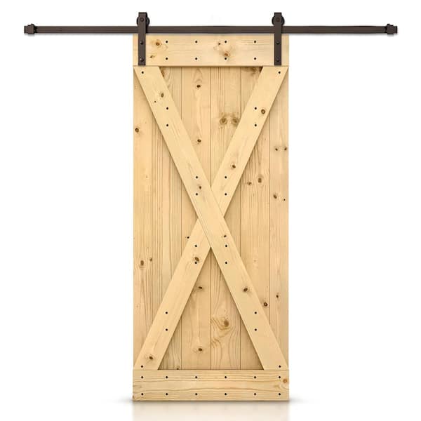 CALHOME X Series 42 in. x 84 in. Unfinished Solid DIY Knotty Pine Wood Interior Sliding Barn Door with Hardware Kit