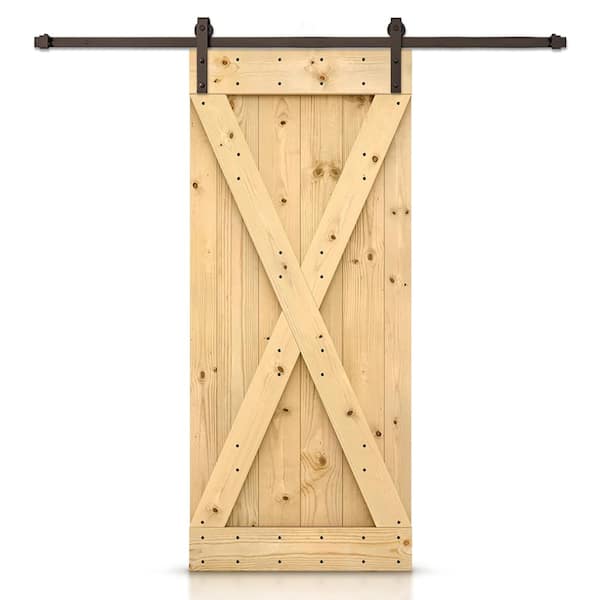 CALHOME 38 in. x 84 in. X-Panel Solid Core Knotty Pine Interior Sliding Barn Door with Hardware Kit