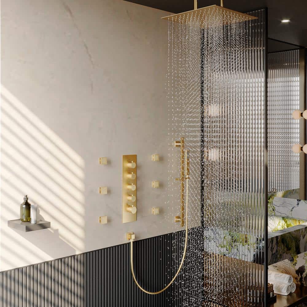 Luxurious Brushed Gold Dual Ceiling Mount Shower System