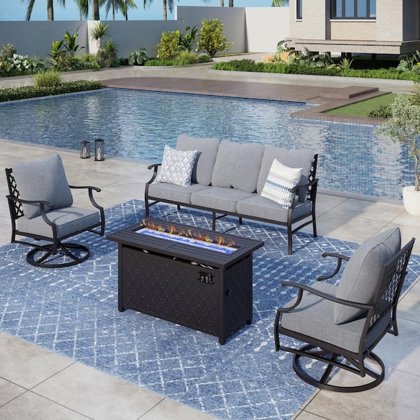 PHI VILLA Black Meshed 5 Seat 4-Piece Metal Steel Outdoor Fire Pit Patio Set with Gray Cushions, Black Rectangular Fire Pit Table