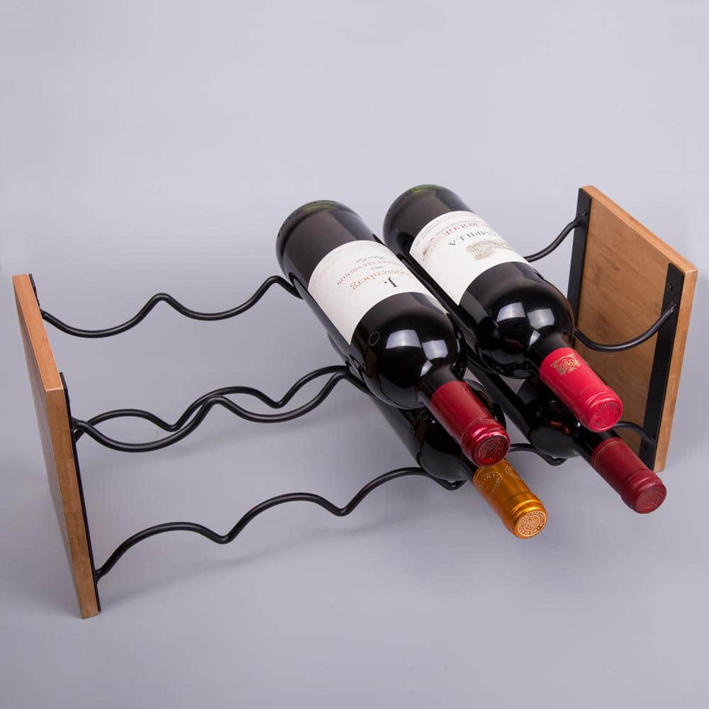 Acacia Wood and Black Steel 6-Bottle Wine Rack