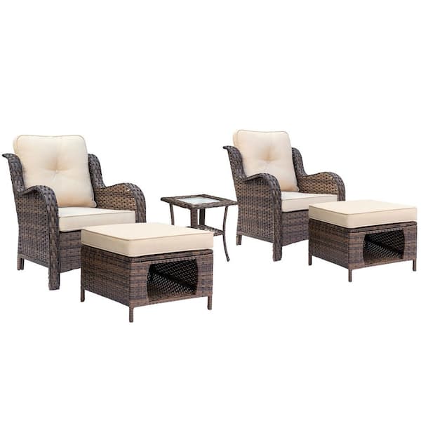 Brown 5-Piece Wicker Outdoor Armrest Chairs Patio Conversation Set with Storage Ottomans Side Table Beige Cushions