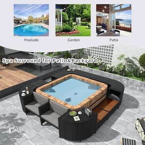 Quadrilateral Black Rattan Wicker Outdoor Sectional Sofa Set with Grey Cushions, Mini Sofa, Wooden Seats, Storage Spaces