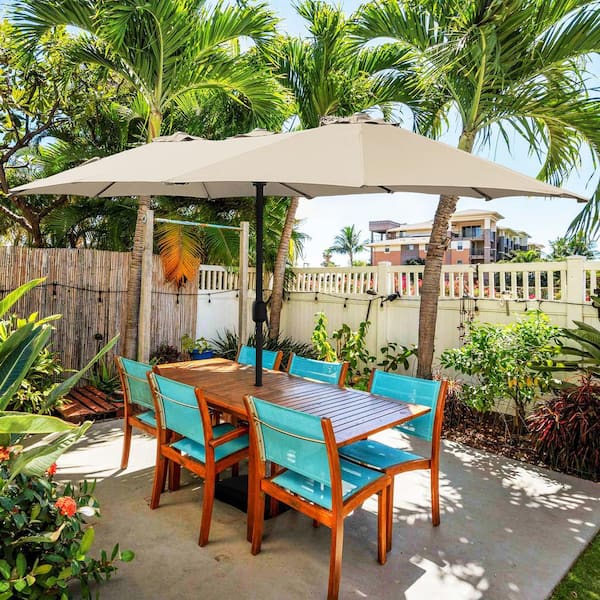 SUNRINX 15 ft. Market Patio Umbrella 2-Side in Beige with Mobile Base