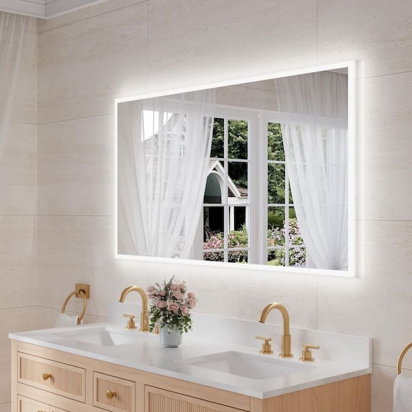 ANGELES HOME 55 in. W x 30 in. H Rectangular Framed Wall LED Bathroom Vanity Mirror with Dimmer, Defogger, Tri-Color, UL-Certified