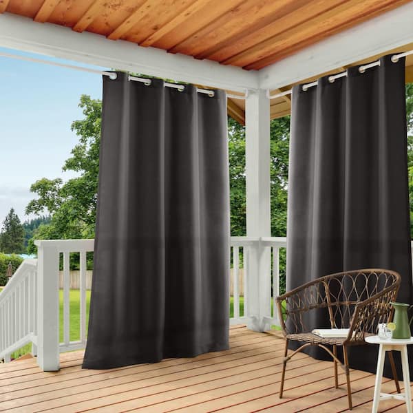 EXCLUSIVE HOME Cabana Black Solid Light Filtering Grommet Top Indoor/Outdoor Curtain Panel, 54 in. W x 96 in. L (Set of 2)
