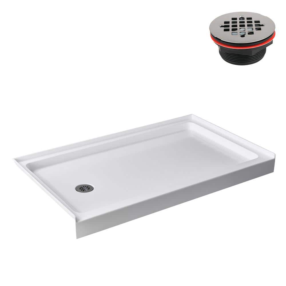 Glossy White Rectangular Acrylic Alcove Shower Base with Left Drain