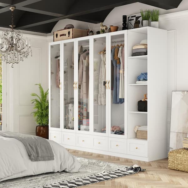 White Wood 94.4 in. W Glass Doors Armoires Wardrobe with Hanging Rods, Drawers, Open Shelves 78.7 in. H x 19.7 in. D