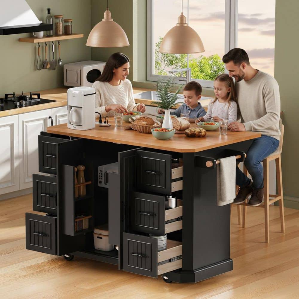 Rustic Black Wood 55.5 in. Power Outlet Drop Leaf  Embossed Vertical Stripe Kitchen Island Cart with 6-Deep Drawers price history on PriceWatchPro