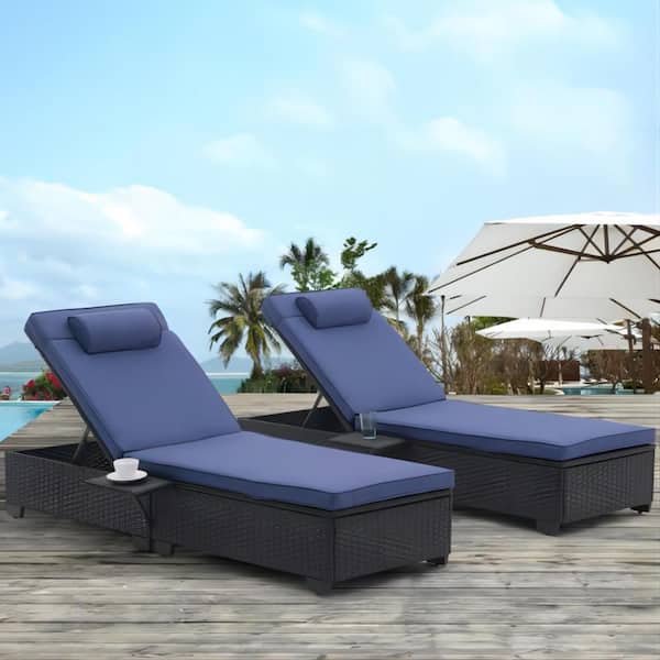 Clihome Wicker Outdoor Patio Chaise Lounge Chair with Reclining Adjustable Backrest and Navy Blue Removable Cushions Sets of 2