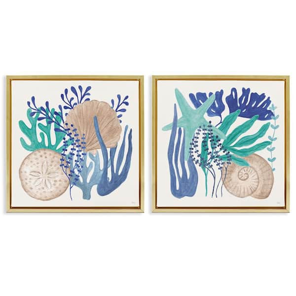 Stupell Industries Coastal Coral and Seashells by Veronique Charron 2-Pieces Gold Floater Frame Coastal Graphic Art Print 25 in. x 25 in.