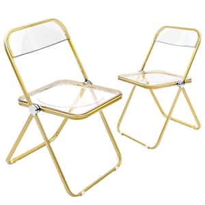 Modern Acrylic Stackable, Plastic Folding Dining Room Armless Chairs with Gold Metal Frame, Set of 2, Transparent