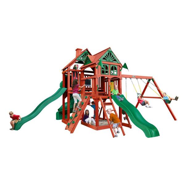 Gorilla Playsets Five Star II Deluxe Wooden Outdoor Playset with 3 Slides, Rock Wall, Sandbox, and Backyard Swing Set Accessories