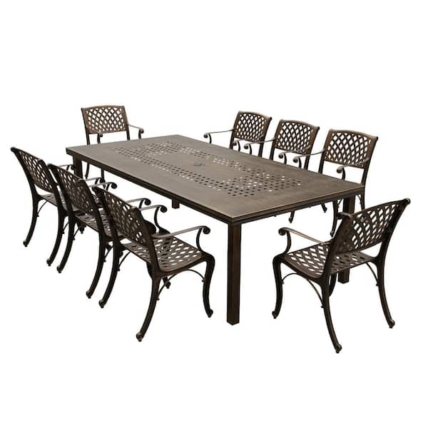 Bronze 9-Piece Aluminum Rectangular Mesh Outdoor Dining Set with 8-Chairs