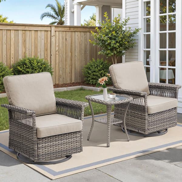 GliderNet Gray 3-Piece Wicker Swivel Rocker Patio Conversation Set with 3.5 in. Thick Beige Cushions and Side Table