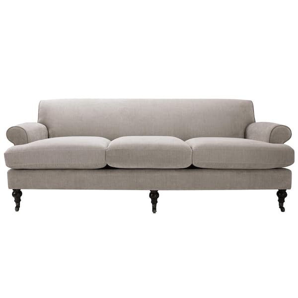 Jennifer Taylor Alana 88 in. Rolled Arm Lawson French Country Three-Cushion Tightback Sofa Couch with Metal Casters in Silver Grey