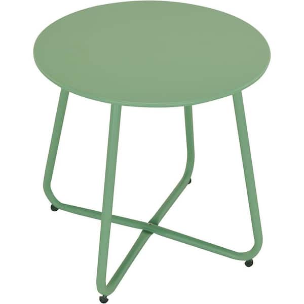 Yangming Bean Green Round Steel Patio Outdoor End Table, Weather Resistant Large Outside Side Table for Garden Balcony Yard