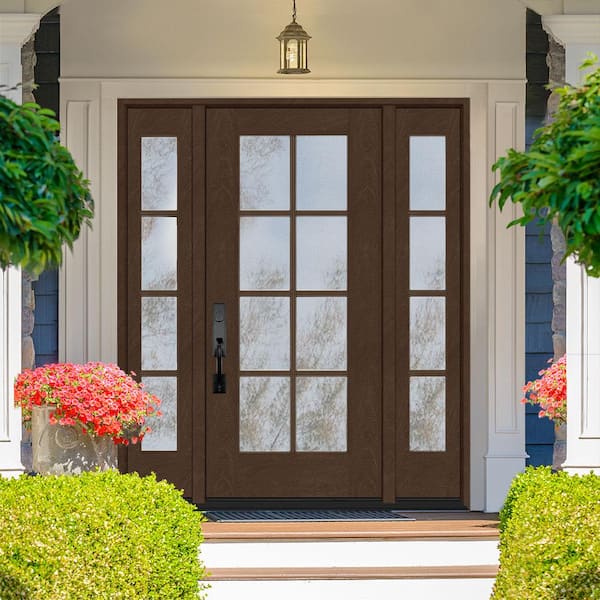 Regency 64 in. x 80 in. Full Lite 8 Lite Clear Glass RH Hickory Mahogany Fiberglass Prehung Front Door w/Dbl 12in.SL
