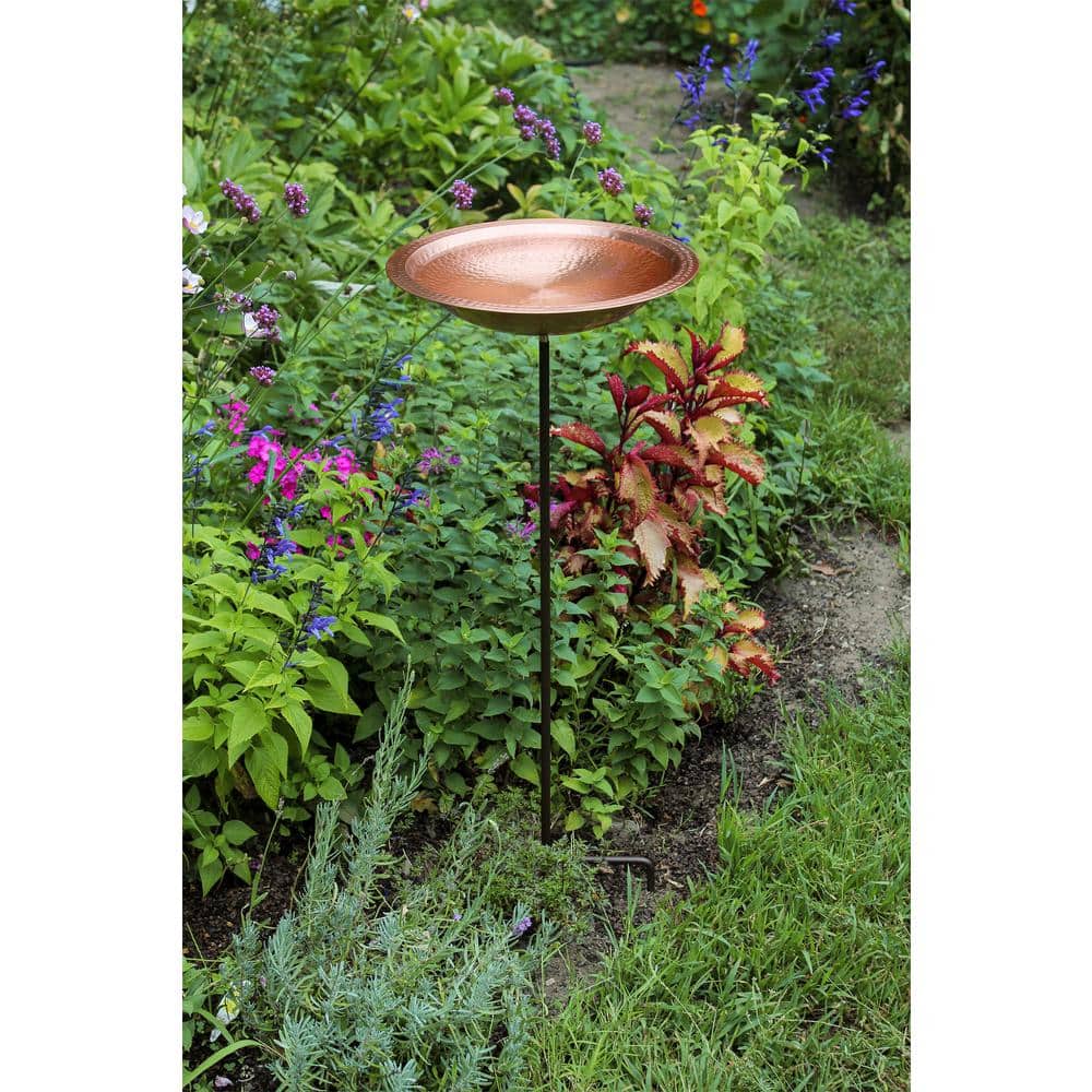 39'' Hammered Copper Birdbath with Bronze Iron Stake