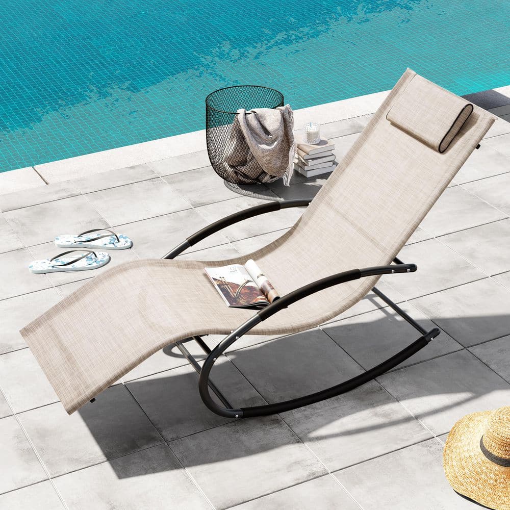 1 Piece Outdoor Rocking Lounge Chair in Beige Patio Chaise Lounger with Removable Headrest Rocking Sun Lounger price history on PriceWatchPro