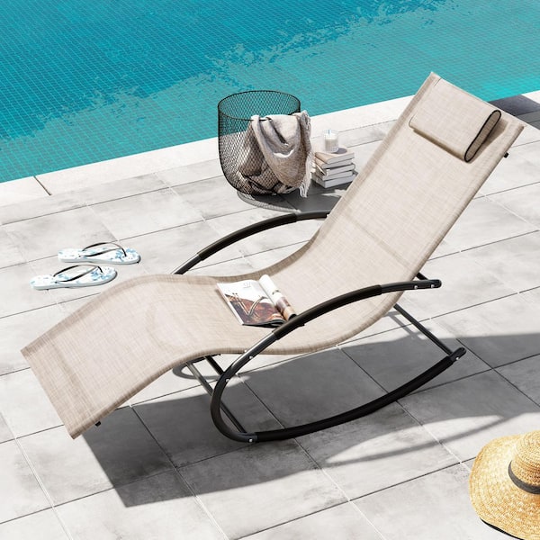 1 Piece Outdoor Rocking Lounge Chair in Beige Patio Chaise Lounger with Removable Headrest Rocking Sun Lounger