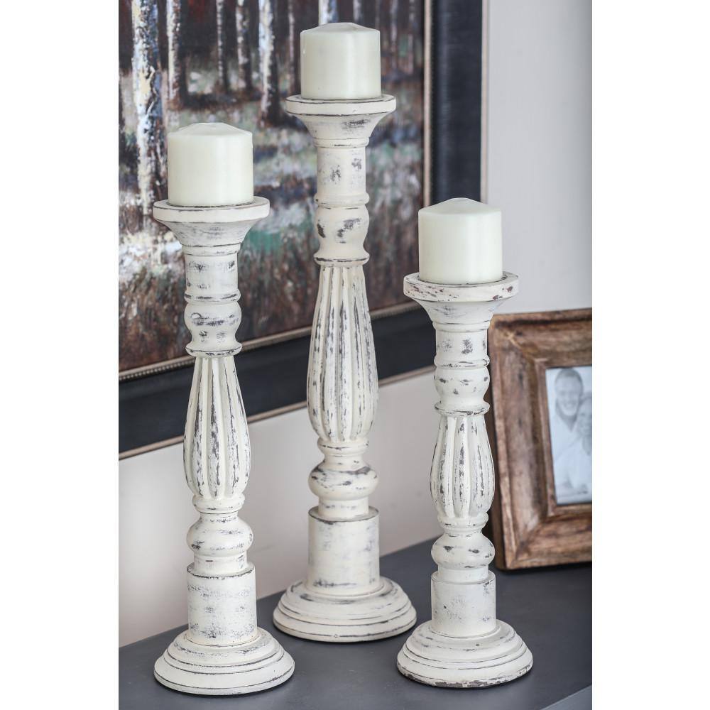 Distressed White Mango Wood Candle Holder Set, 21" 17" 15"