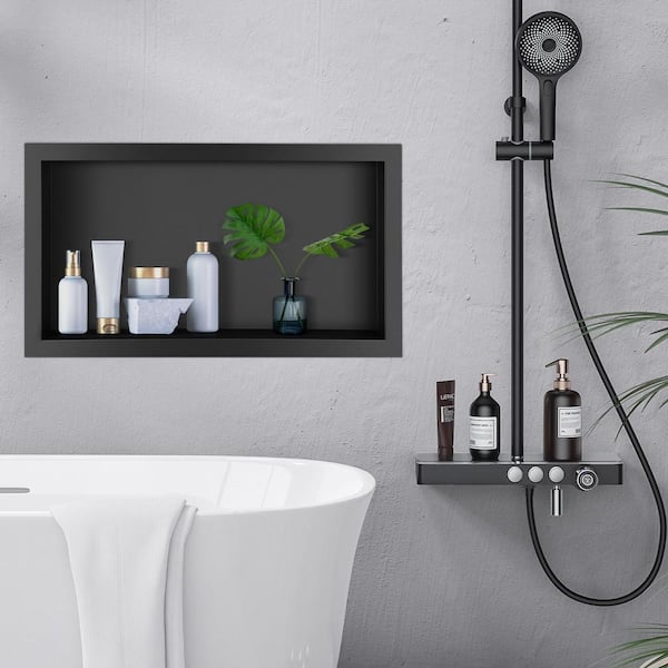 AKDY 12 in. W x 24 in. H x 4 in. D 18-Gauge Stainless Steel Double Shelf Bathroom Shower Wall NICHE in Matte Black