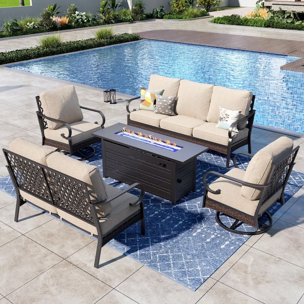 PHI VILLA 5-Piece Black Metal 7-Seats Fire Pit Patio Sets with Swivel Chairs, 50000 BTU Fire Pit Table and Beige Cushions