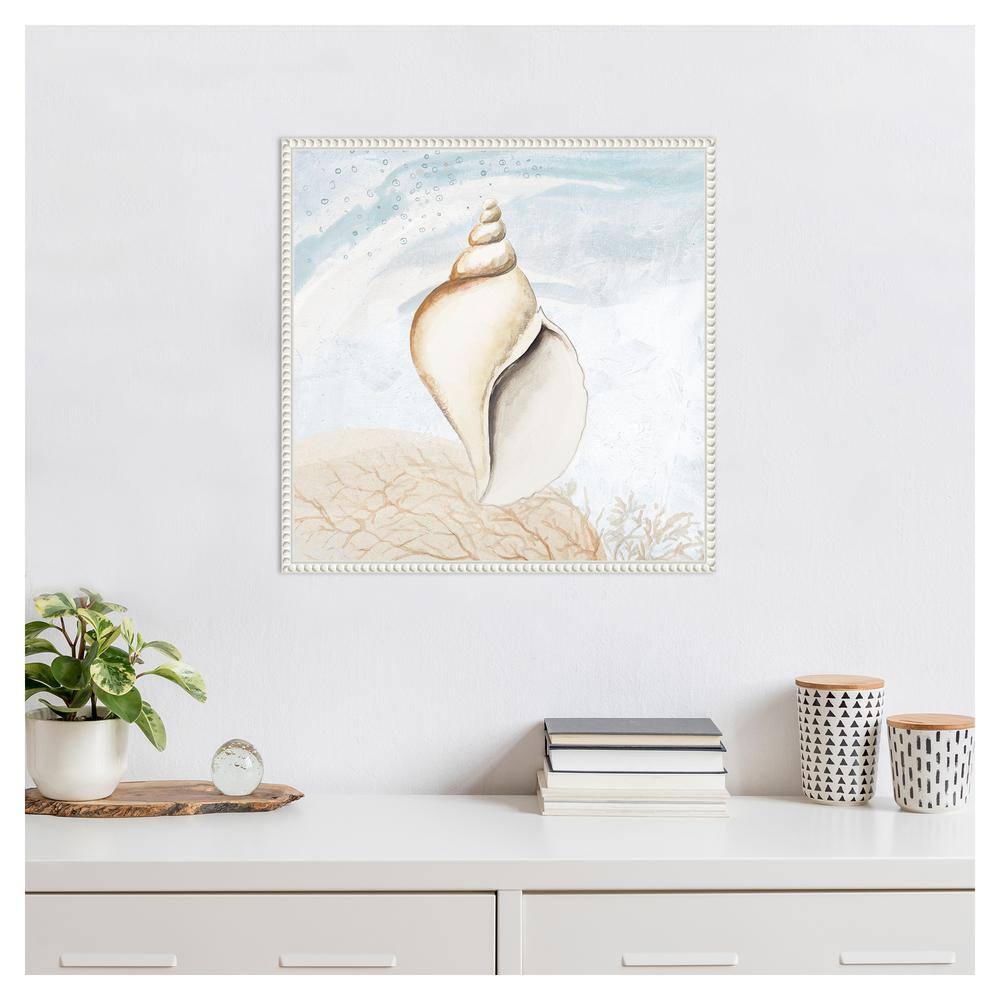 Beaded White Conch Shell Nautical Framed Canvas Art