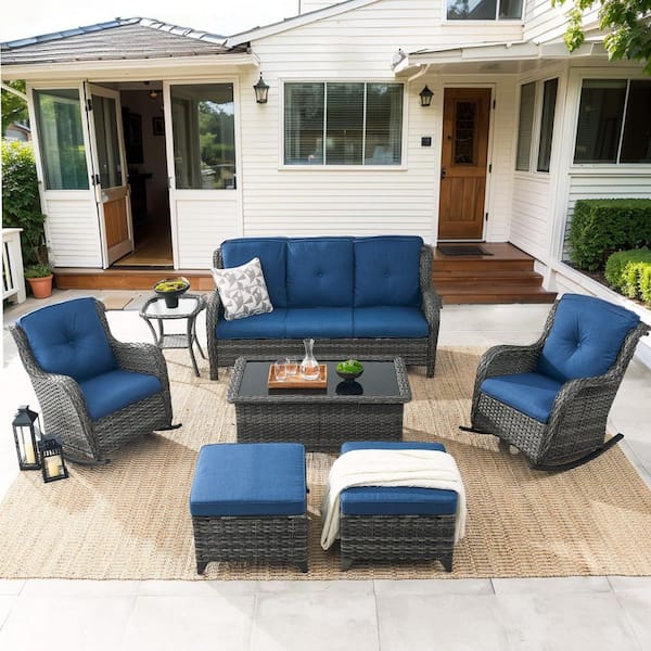 Gymojoy Carlos Blue 7-Piece Gray Wicker Patio Conversation Set 3-Seat Sofa with Rocking Chairs, Coffee Table and Ottomans