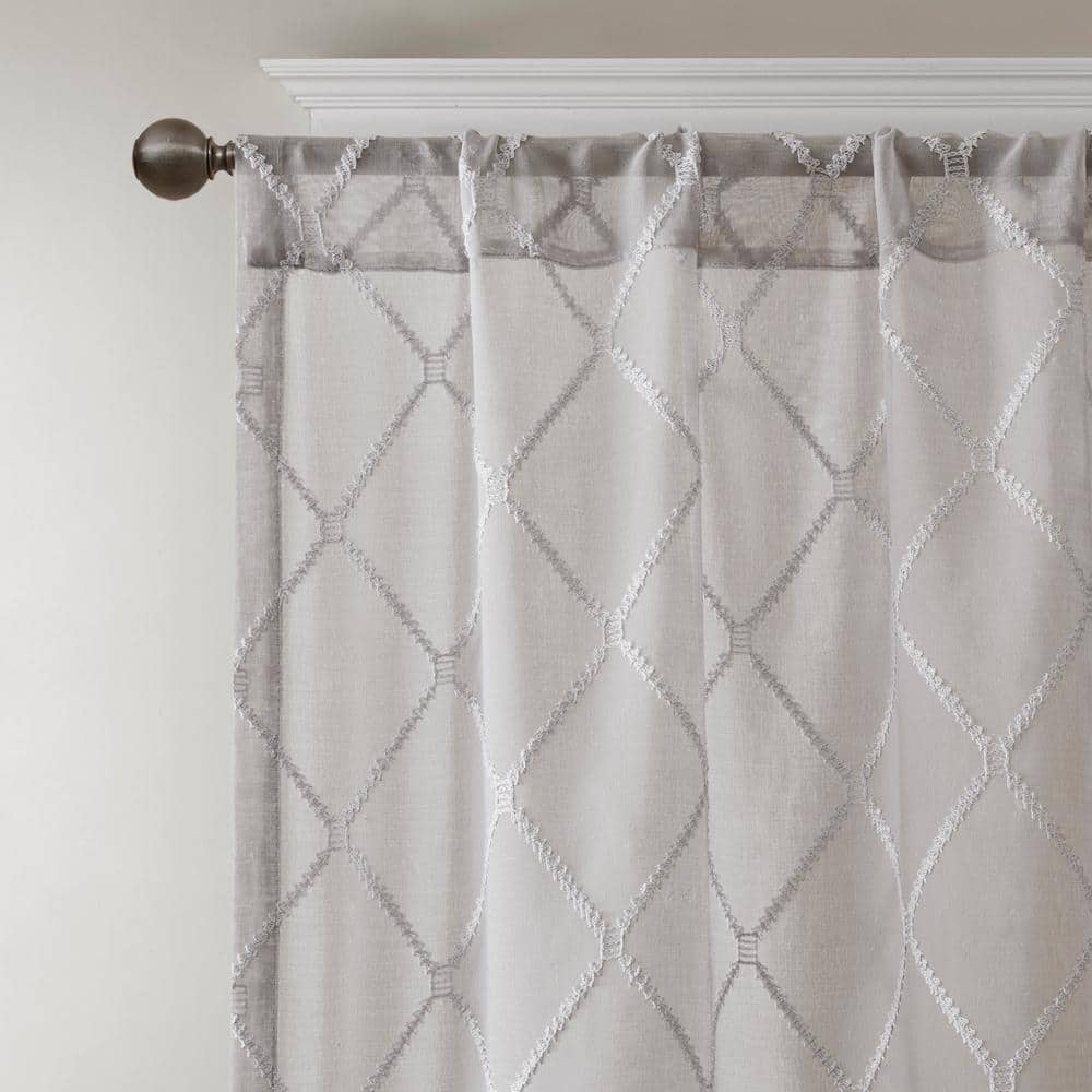 Gray Diamond Embroidered Sheer Rod Pocket Curtain Panel